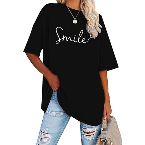 Pdakieyxnd Tshirt Damen Oversize - Einfarbig Smile Druck Tshirt, Sport Lässig Tshirt Pullover Baggy Frühling Sportshirt Oberteil Longshirt Blusen V Ausschnitt Party Top Longbluse von Pdakieyxnd