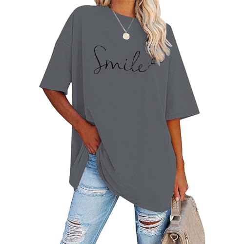 Pdakieyxnd Tshirt Damen Oversize - Einfarbig Smile Druck Tshirt, Sport Lässig Tshirt Pullover Baggy Frühling Sportshirt Oberteil Longshirt Blusen V Ausschnitt Party Top Longbluse von Pdakieyxnd