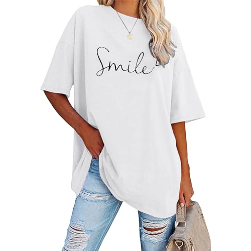 Pdakieyxnd Tshirt Damen Oversize - Einfarbig Smile Druck Tshirt, Sport Lässig Tshirt Pullover Baggy Frühling Sportshirt Oberteil Longshirt Blusen V Ausschnitt Party Top Longbluse von Pdakieyxnd