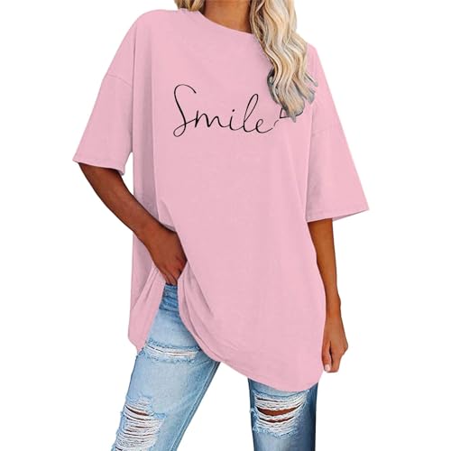 Pdakieyxnd Tshirt Damen Oversize - Einfarbig Smile Druck Tshirt, Sport Lässig Tshirt Pullover Baggy Frühling Sportshirt Oberteil Longshirt Blusen V Ausschnitt Party Top Longbluse von Pdakieyxnd