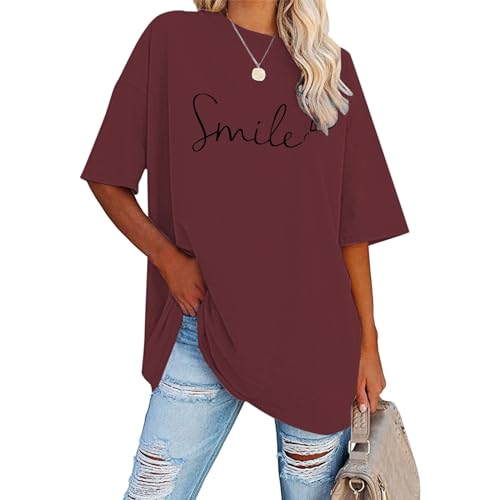 Pdakieyxnd Tshirt Damen Oversize - Einfarbig Smile Druck Tshirt, Sport Lässig Tshirt Pullover Baggy Frühling Sportshirt Oberteil Longshirt Blusen V Ausschnitt Party Top Longbluse von Pdakieyxnd