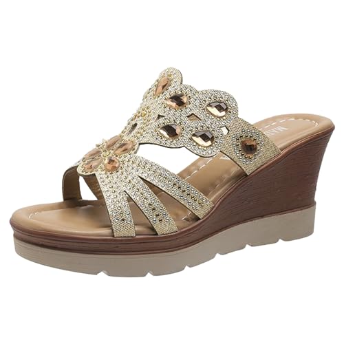 Sandalen Damen Sommer - Bequem Plateau Sandalen Pantoletten Schlappen Schicke Schlupfschuhe Espadrilles Damen Glitzer Festliche Mules Elegant Hausschuhe Gold von Pdakieyxnd