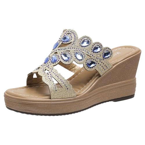 Sandalen Damen Sommer - Damen Glitzer Sandalen Pantoletten Bequem Schicke Espadrilles Mules Plateau Elegant Festliche Schlupfschuhe High Heels Hausschuhe Blau von Pdakieyxnd