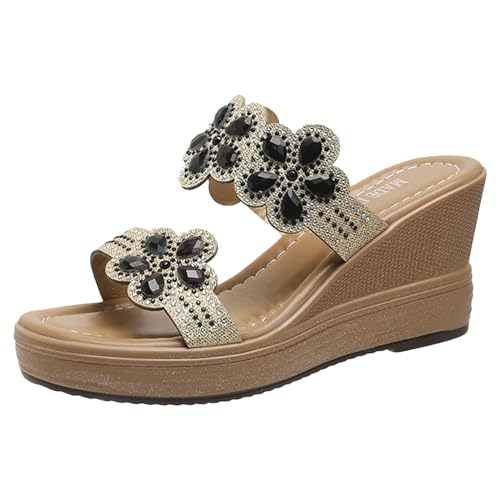 Sandalen Damen Sommer - Mit Keilabsatz Schlappen Hausschuhe Pantoletten Glitzer Schicke Mules Espadrilles Mit Absatz Plateau Festliche Schlupfschuhe Sommer Sandalen Schwarz von Pdakieyxnd