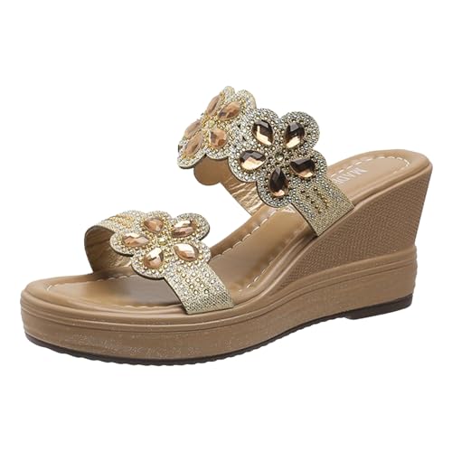 Sandalen Damen Sommer - Plateau Elegant Hausschuhe Pantoletten High Heels Schicke Espadrilles Mules Schlappen Glitzer Festliche Schlupfschuhe Sommer Sandalen Gold von Pdakieyxnd