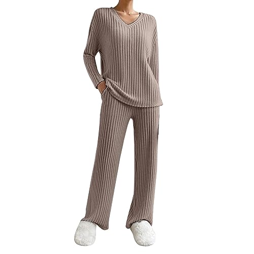 Schlafanzug Damen Lang Pyjama Hausanzug Loungewear Set Elegante Warm Pjama Mit Flauschigem Stoff Langarm Für Women Lounge Pyjama-Sets 2 Teiler Homewear Gerippt Schlafanzüge, Khaki, S von Pdakieyxnd
