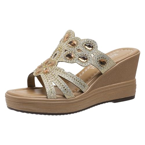 Sommer Sandalen Damen - Damen Plateau Pantoletten Hausschuhe Elegant Festliche Espadrilles Schlupfschuhe High Heels Sommer Schicke Mules Glitzer Sandalen Gold von Pdakieyxnd