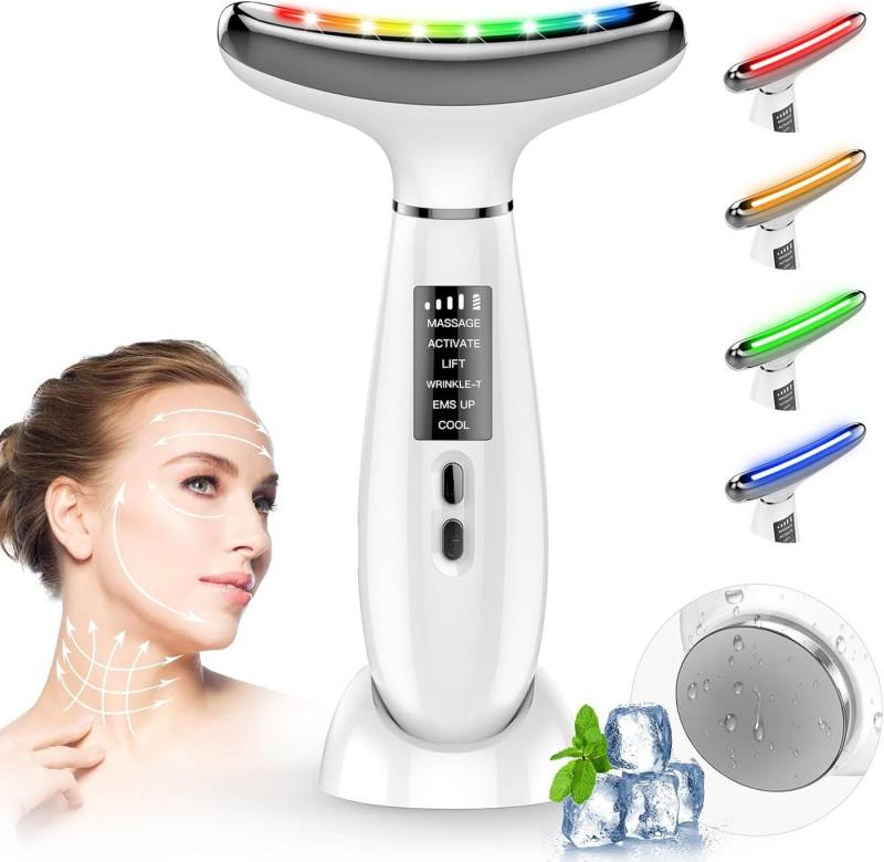 Pdgrid Gesichtsmassagegerät Elektrisches Gegen Falten 6 Modi 45 °C 4-Farben-LED-Modus, für Anti-Aging, Lifting und Straffung von Pdgrid