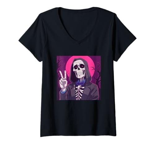 Damen Skelett Hand Peace Zeichen Anime Halloween All Hallows Eve T-Shirt mit V-Ausschnitt von Peace Fingers For All