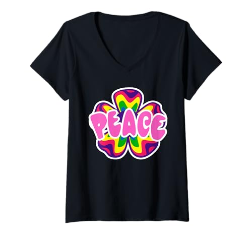 Damen Friedensblumenliebe Hippie Kostüm 60er 70er Jahre Groove T-Shirt mit V-Ausschnitt von Peace Flower Love Hippie Costume 60s 70s