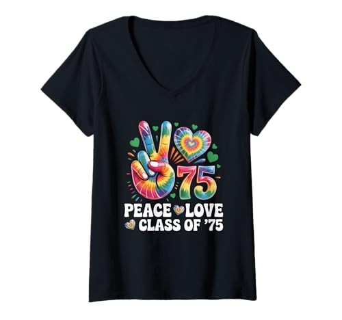 Damen Peace Love Class of 75 Tie Dye Absolventen von Reunion Spirit 1975 T-Shirt mit V-Ausschnitt Damen Peace Love Class of 75 Tie Dye Absolventen von Reunion Spirit 1975 T-Shirt mit V-Ausschnitt von Peace Love Class Of 75 Reunion Spirit 1975