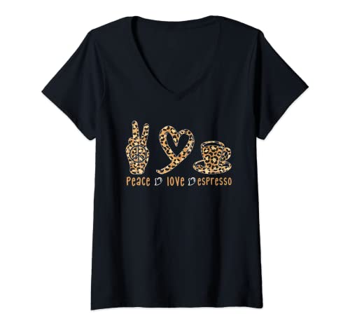 Damen Peace Love Kaffeeliebhaber mit Leopardenmuster, gebraut T-Shirt mit V-Ausschnitt von Peace Love Coffee Lover