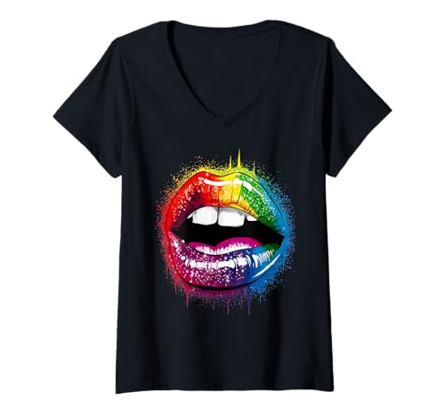 Damen Love is Love Damen Rainbow Lips LGBTQ Pride Love Rainbow T-Shirt mit V-Ausschnitt Damen Love is Love Damen Rainbow Lips LGBTQ Pride Love Rainbow T-Shirt mit V-Ausschnitt von Peace Love Colorful Creations