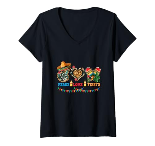Damen Peace Love Fiesta Mexikanische Cinco De Mayo-Party mit Leopardenmotiv T-Shirt mit V-Ausschnitt von Peace Love Fiesta Heart Mexican Cinco De Mayo
