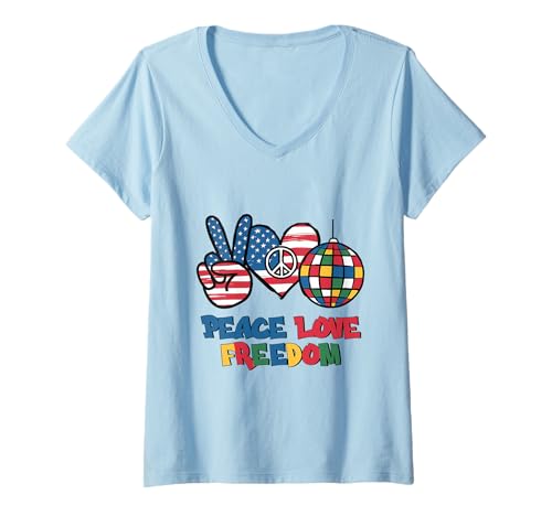 Damen Peace Love Freedom Shirt Cute Disco Patriotic 4th Juli Party T-Shirt mit V-Ausschnitt Damen Peace Love Freedom Shirt Cute Disco Patriotic 4th Juli Party T-Shirt mit V-Ausschnitt von Peace Love Freedom Tee Shirts 4 July Party