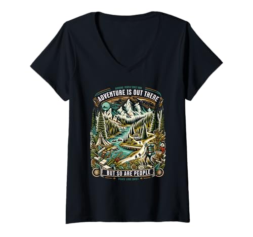 Damen Es gibt lustige Abenteuer, Aber auch Menschen, die in der Natur wandern T-Shirt mit V-Ausschnitt Damen Es gibt lustige Abenteuer, Aber auch Menschen, die in der Natur wandern T-Shirt mit V-Ausschnitt von Peace Love Quiet Outdoors Co. Introverts