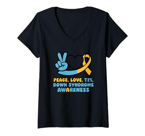 Damen Peace Love T21-Bewusstsein für das Down-Syndrom T-Shirt mit V-Ausschnitt von Peace Love T21 Awareness Support Unity