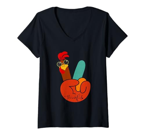 Damen Lustiges Handschild Peace Love Thanksgiving Grateful Turkey T-Shirt mit V-Ausschnitt von Peace Love Thanksgiving turkey