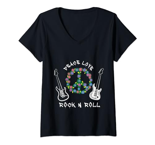 Damen Peace Love and Rock n Roll Shirt - Rock and Roll T-Shirt mit V-Ausschnitt von Peace Love and Rock n Roll Shirt