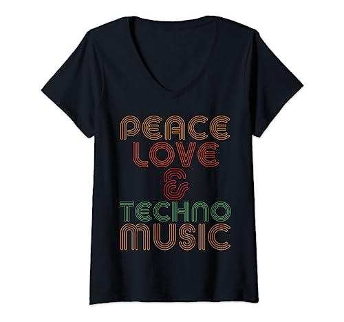 Damen Peace Love & Techno Musik cooles Retro Techno T-Shirt mit V-Ausschnitt von Peace Love & Techno Musik cooles Retro Techno