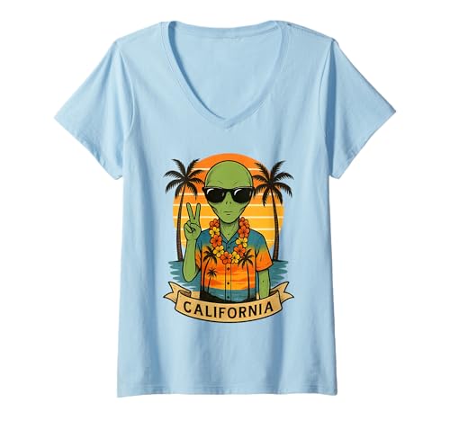 Damen California Vacation Alien Lustiger Sommerreisestrand T-Shirt mit V-Ausschnitt von Peace Sign Alien Beach Vacation Traveler Design