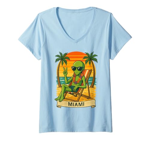 Damen Miami Vacation Alien Lustiger Sommerreisestrand T-Shirt mit V-Ausschnitt von Peace Sign Alien Traveler Beach Vacation Design