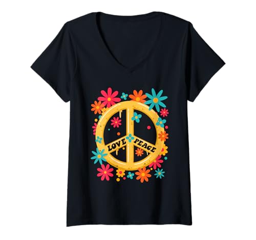 Damen Hippie Peace Zeichen 60er 70er Jahre Floral Aesthetic Groovy Old Hippy T-Shirt mit V-Ausschnitt von Peace Sign Hippie 60s 70s Floral Peace Symbol Love