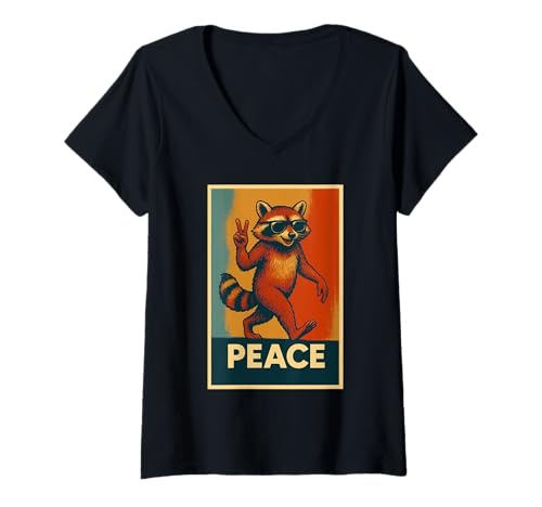 Damen Lustiger Waschbär Giving Peace Zeichen Waschbär Sonnenbrille Waschbär Sonnenbrille Waschbär T-Shirt mit V-Ausschnitt Damen Lustiger Waschbär Giving Peace Zeichen Waschbär Sonnenbrille Waschbär Sonnenbrille Waschbär T-Shirt mit V-Ausschnitt von Peace To All Creatures Garb
