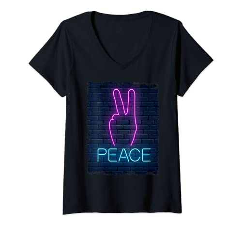 Damen Hand Frieden Handzeichen Peace Zeichen 90er T-Shirt mit V-Ausschnitt von Peace Zeichen Geschenk Frieden