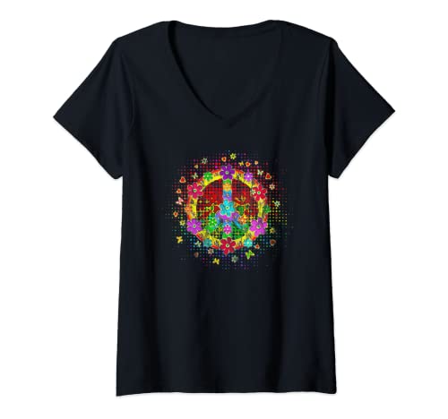 Damen Peace Zeichen Frieden Symbol Flower Power Hippie T-Shirt mit V-Ausschnitt von Peace Zeichen by Anne Mathiasz