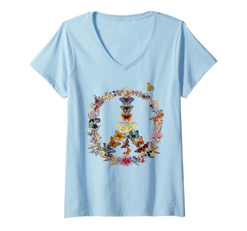Damen Peace Zeichen Schmetterlinge Blumen 60er 70er Retro Hippie T-Shirt mit V-Ausschnitt von Peace sign Butterflies Flowers