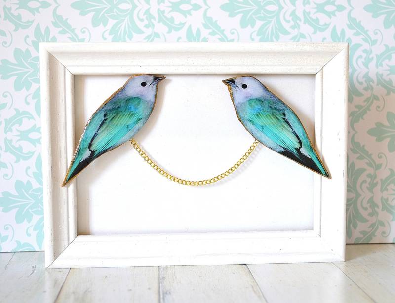 Pullover Clip , Kragenclips Pulloverschutz Kragenkette Halsband Schmuck Doppel Brosche Mint Vogel Funky von PeaceOfCat