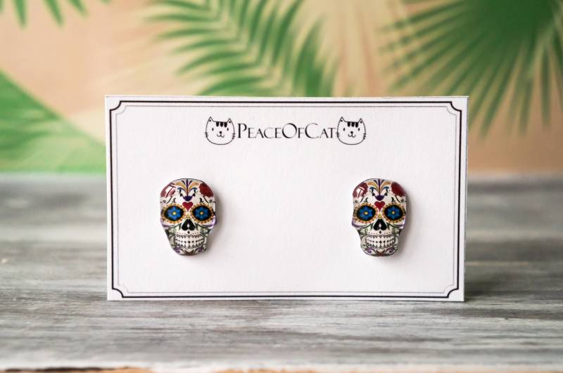 Totenkopf Schmuck, Zuckerschädel Ohrstecker, Hypoallergen von PeaceOfCat