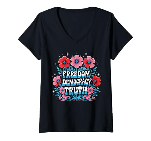 Damen Freiheit Demokratie Wahrheit Retro Blumen 70er 4. Juli T-Shirt mit V-Ausschnitt von Peaceful Activism Political Flower Power Tees