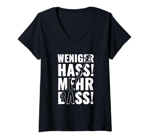 Damen Weniger HASS Mehr Bass Lustiges Musikfestival DJ Techno Zitat T-Shirt mit V-Ausschnitt Damen Weniger HASS Mehr Bass Lustiges Musikfestival DJ Techno Zitat T-Shirt mit V-Ausschnitt von Peaceful Beats Apparel