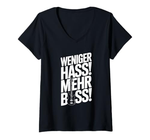 Damen Weniger HASS Mehr Bass Lustiges Musikfestival DJ Techno Zitat T-Shirt mit V-Ausschnitt Damen Weniger HASS Mehr Bass Lustiges Musikfestival DJ Techno Zitat T-Shirt mit V-Ausschnitt von Peaceful Beats Apparel