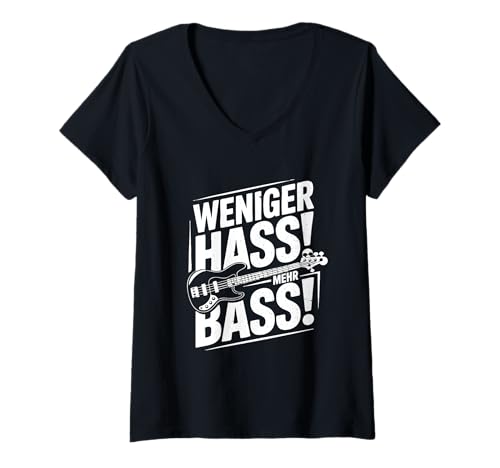 Damen Weniger HASS Mehr Bass Lustiges Musikfestival DJ Techno Zitat T-Shirt mit V-Ausschnitt Damen Weniger HASS Mehr Bass Lustiges Musikfestival DJ Techno Zitat T-Shirt mit V-Ausschnitt von Peaceful Beats Apparel