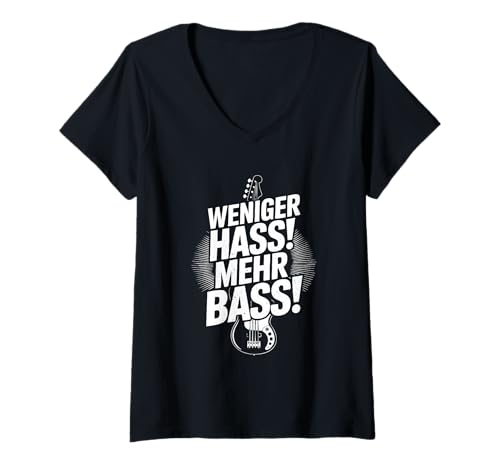 Damen Weniger HASS Mehr Bass Lustiges Musikfestival DJ Techno Zitat T-Shirt mit V-Ausschnitt Damen Weniger HASS Mehr Bass Lustiges Musikfestival DJ Techno Zitat T-Shirt mit V-Ausschnitt von Peaceful Beats Apparel