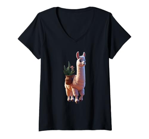 Damen EIN friedliches Cartoon-Lama, lustiges Unisex-Design, für Herren und Damen T-Shirt mit V-Ausschnitt von Peaceful Cartoon llama Funny Design Men Women Tee