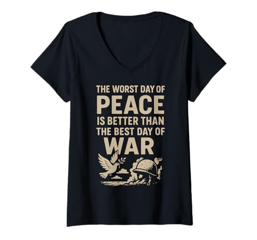 Damen Peace Over War Zitat Taube und Helm T-Shirt mit V-Ausschnitt Damen Peace Over War Zitat Taube und Helm T-Shirt mit V-Ausschnitt von Peaceful Mind Apparel