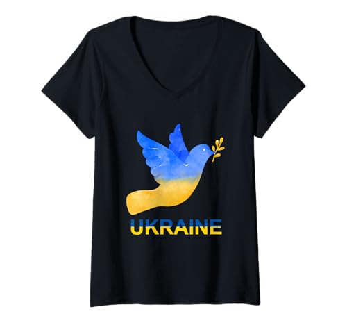 Damen Aquarell Ukraine Friedenstaube Symbol in Flaggenfarben T-Shirt mit V-Ausschnitt Damen Aquarell Ukraine Friedenstaube Symbol in Flaggenfarben T-Shirt mit V-Ausschnitt von Peaceful Ukrainian Dove Freedom Hope Unity Art