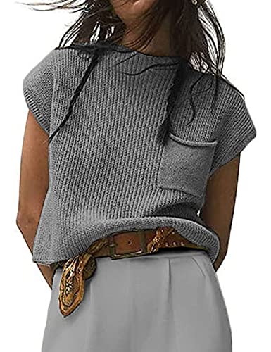 Peaceglad Damen Stehkragen Strick Pullover Weste Ärmellos Casual Trendy Sommer Gerippte Pullover Tank Tops, GRAU, Mittel von Peaceglad