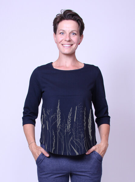 Peaces.bio - handbedruckte Biomode Bio-Damen-3/4 Arm Shirt- Gräservielfalt von Peaces.bio - handbedruckte Biomode