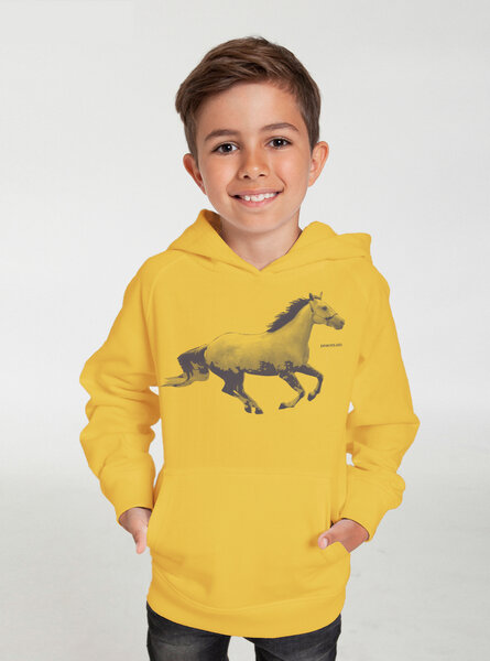 Peaces.bio - handbedruckte Biomode Bio-Kinder-Kapuzen-Sweatshirt "Horsepower" von Peaces.bio - handbedruckte Biomode