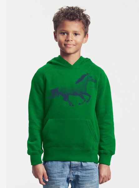 Peaces.bio - handbedruckte Biomode Bio-Kinder-Kapuzen-Sweatshirt "Horsepower" von Peaces.bio - handbedruckte Biomode