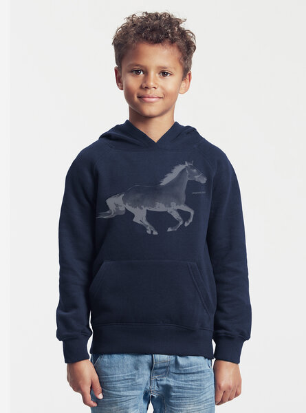 Peaces.bio - handbedruckte Biomode Bio-Kinder-Kapuzen-Sweatshirt "Horsepower" von Peaces.bio - handbedruckte Biomode