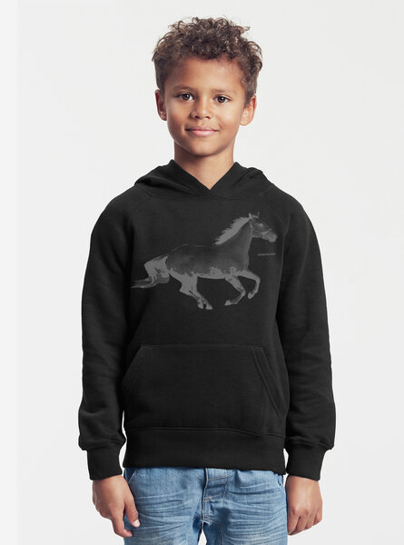 Peaces.bio - handbedruckte Biomode Bio-Kinder-Kapuzen-Sweatshirt "Horsepower" von Peaces.bio - handbedruckte Biomode