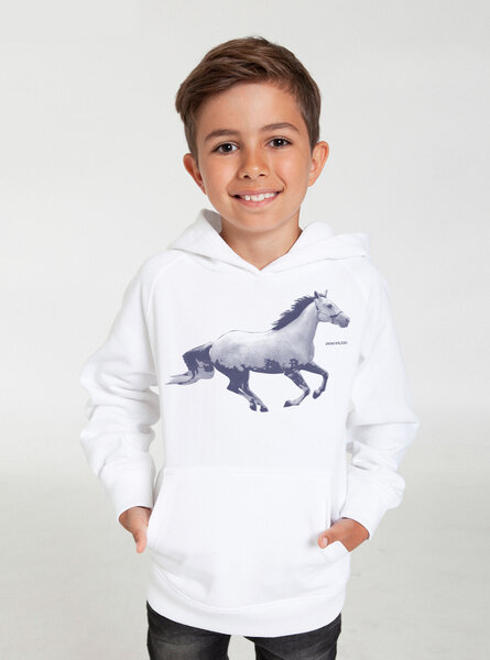 Peaces.bio - handbedruckte Biomode Bio-Kinder-Kapuzen-Sweatshirt "Horsepower" von Peaces.bio - handbedruckte Biomode