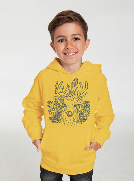 Peaces.bio - handbedruckte Biomode Bio-Kinder-Kapuzen-Sweatshirt "Zauberhirsch" von Peaces.bio - handbedruckte Biomode