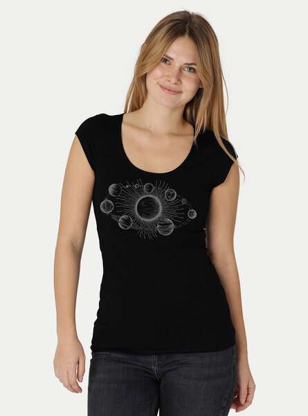 Peaces.bio - handbedruckte Biomode Roundneck-Shirt Damen Sonnensystem von Peaces.bio - handbedruckte Biomode